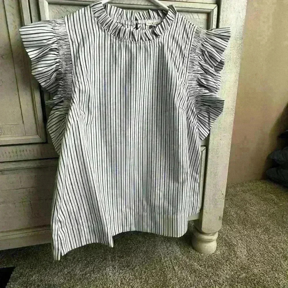 Jodifl Mock line neck & ruffle sleeved top with blue stripes - Picture 5 of 6